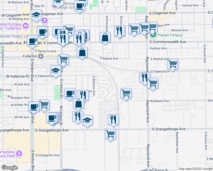 map of restaurants, bars, coffee shops, grocery stores, and more near 8 Ash Via in Anaheim