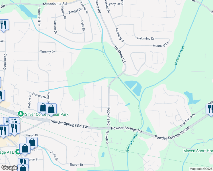 map of restaurants, bars, coffee shops, grocery stores, and more near 3660 Hopkins Road in Powder Springs