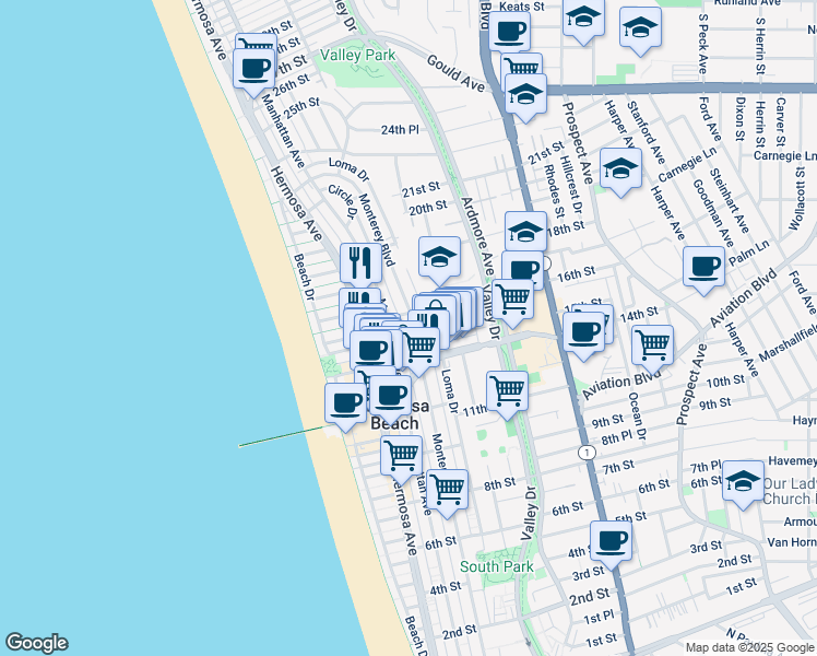 map of restaurants, bars, coffee shops, grocery stores, and more near 215 16th Street in Hermosa Beach