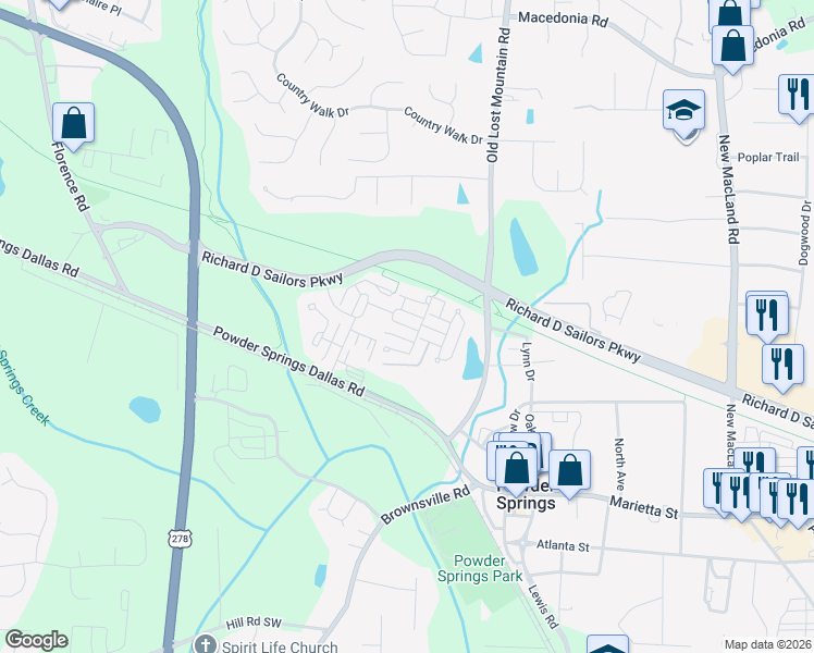 map of restaurants, bars, coffee shops, grocery stores, and more near Flowering Branch in Powder Springs