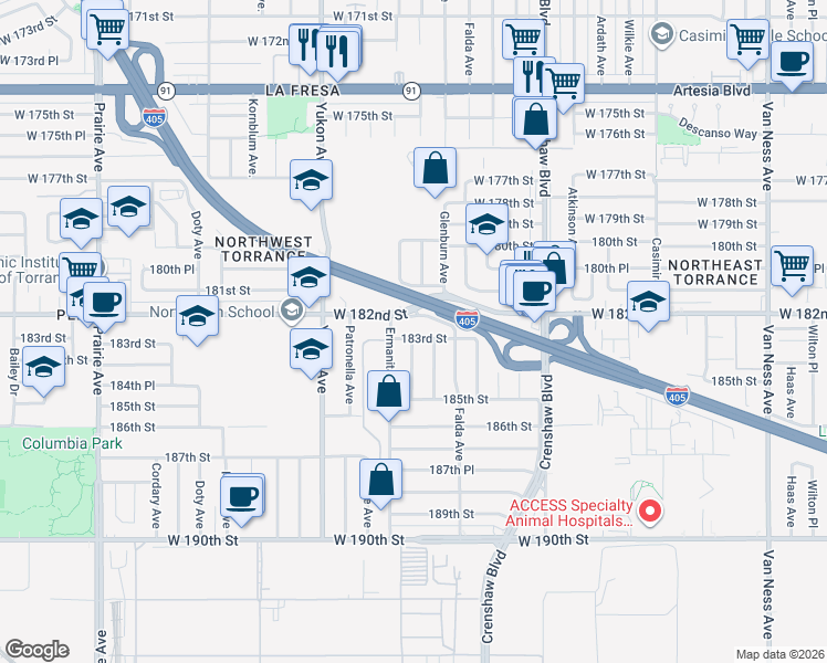 map of restaurants, bars, coffee shops, grocery stores, and more near 3349 183rd Street in Torrance