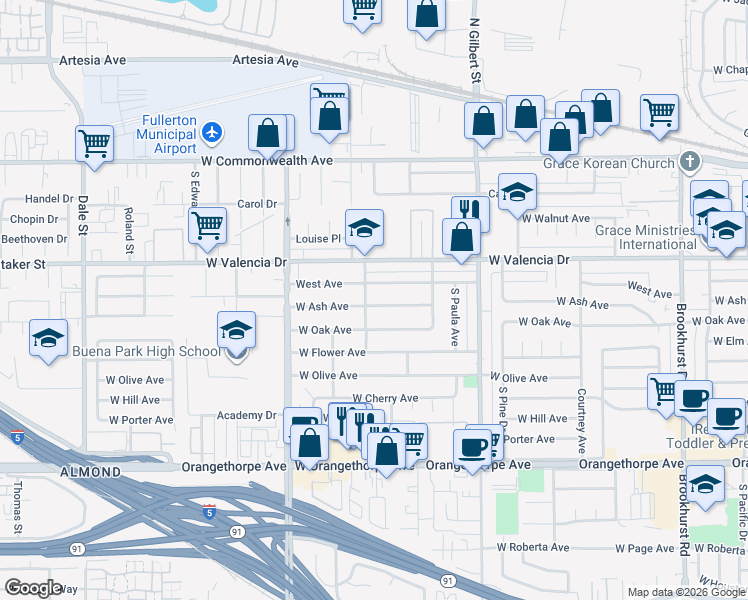 map of restaurants, bars, coffee shops, grocery stores, and more near 2521 West Ash Avenue in Fullerton
