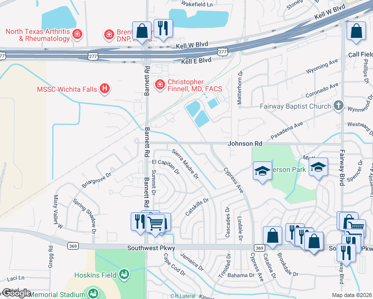 map of restaurants, bars, coffee shops, grocery stores, and more near 4501 Spanish Trace in Wichita Falls