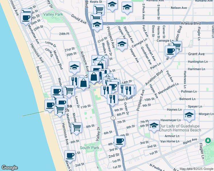 map of restaurants, bars, coffee shops, grocery stores, and more near 1439 Pacific Coast Highway in Hermosa Beach