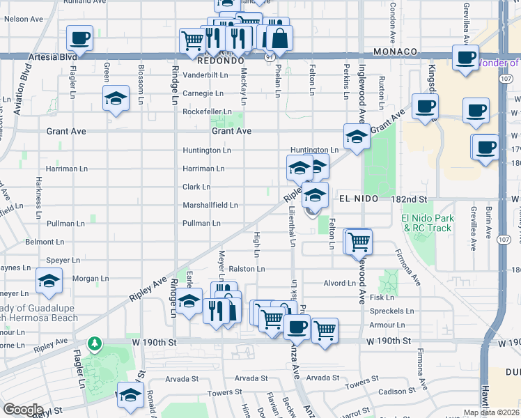 map of restaurants, bars, coffee shops, grocery stores, and more near 2405 Marshallfield Lane in Redondo Beach