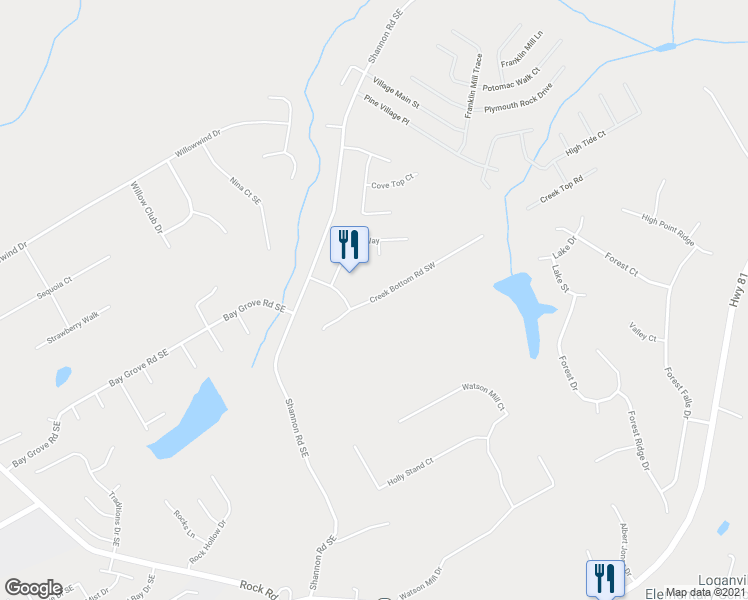 map of restaurants, bars, coffee shops, grocery stores, and more near Creek Bottom Road Southwest in Loganville