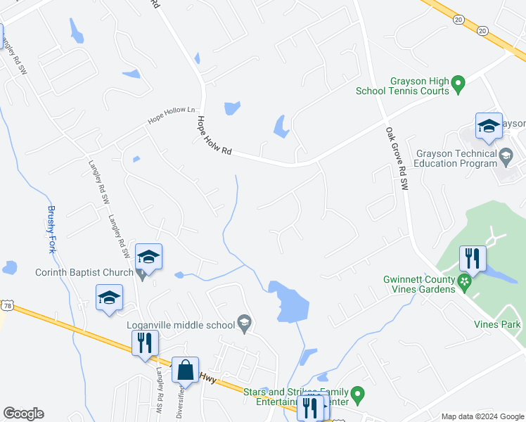 map of restaurants, bars, coffee shops, grocery stores, and more near 428 Beech Hollow Trail Southwest in Loganville