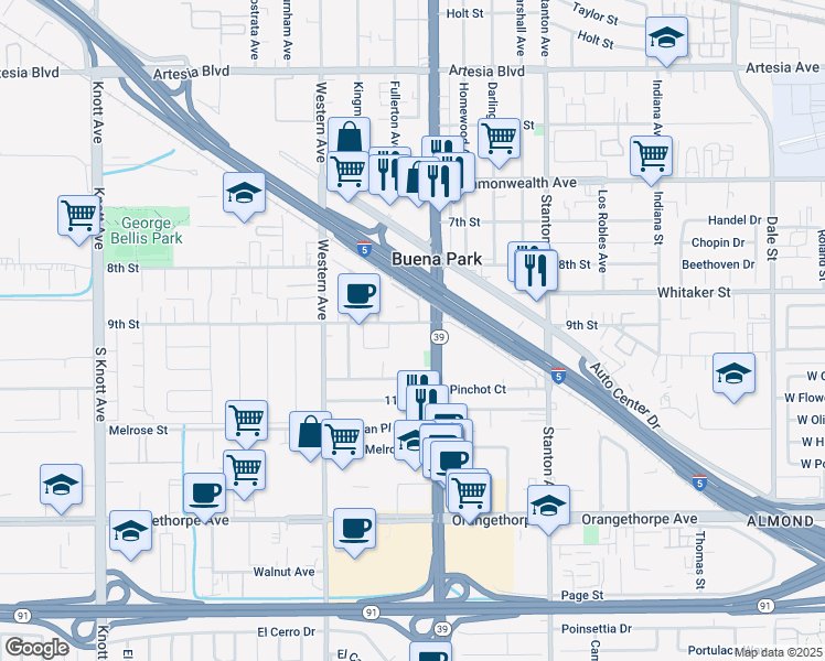 map of restaurants, bars, coffee shops, grocery stores, and more near 7692 9th Street in Buena Park