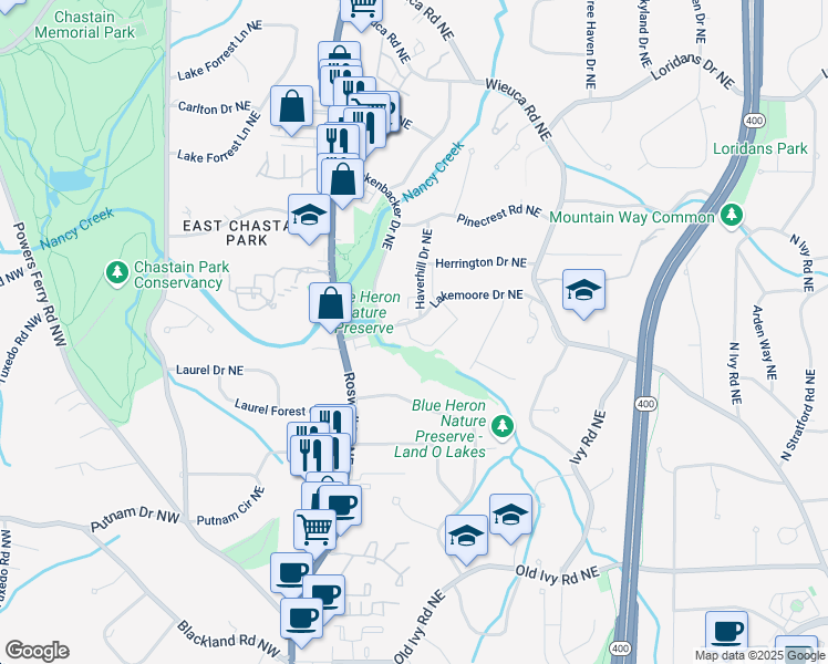 map of restaurants, bars, coffee shops, grocery stores, and more near 285 Lakemoore Drive Northeast in Atlanta