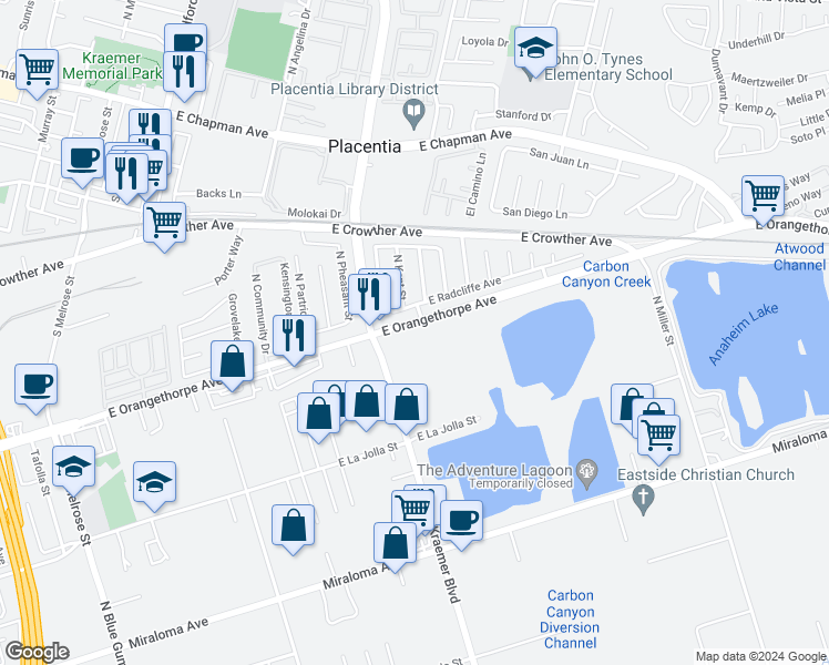 map of restaurants, bars, coffee shops, grocery stores, and more near 3126 East Orangethorpe Avenue in Anaheim