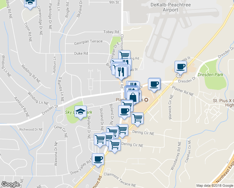 map of restaurants, bars, coffee shops, grocery stores, and more near 1951 Dresden Drive in Atlanta
