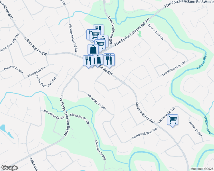 map of restaurants, bars, coffee shops, grocery stores, and more near 1054 Washington Lee Drive Southwest in Lilburn