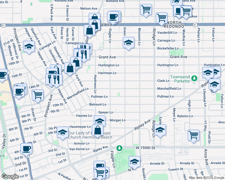 map of restaurants, bars, coffee shops, grocery stores, and more near 1902 Marshallfield Lane in Redondo Beach
