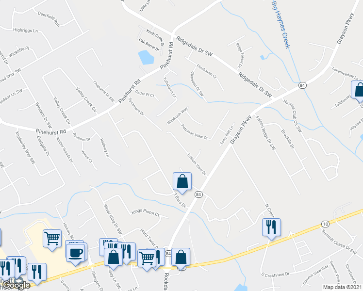 map of restaurants, bars, coffee shops, grocery stores, and more near 2445 Trillium View Drive in Grayson