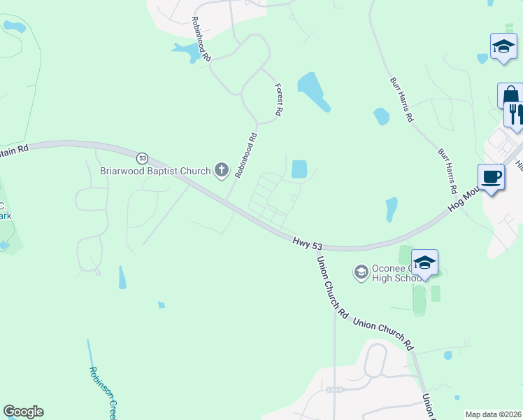 map of restaurants, bars, coffee shops, grocery stores, and more near 1245 Chalmers Street in Watkinsville