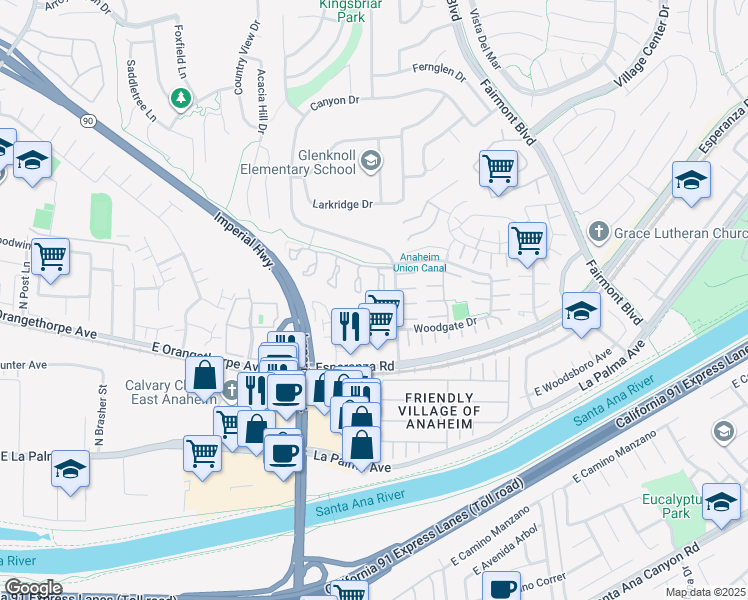 map of restaurants, bars, coffee shops, grocery stores, and more near 6696 Palma Circle in Yorba Linda