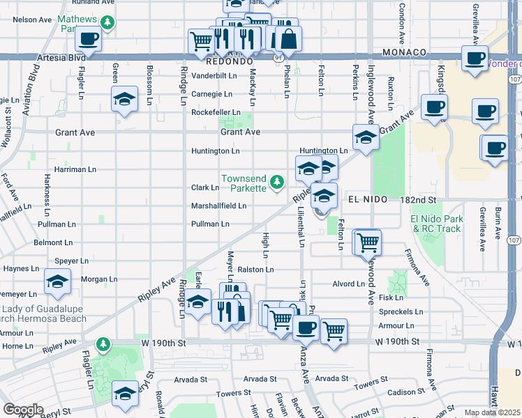 map of restaurants, bars, coffee shops, grocery stores, and more near 2404 Marshallfield Lane in Redondo Beach
