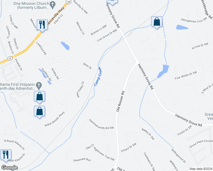 map of restaurants, bars, coffee shops, grocery stores, and more near 5872 Covered Wagon Trail Southwest in Lilburn