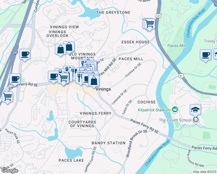 map of restaurants, bars, coffee shops, grocery stores, and more near 3221 Circle Oaks Drive Southeast in Atlanta