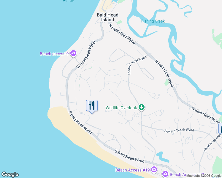 map of restaurants, bars, coffee shops, grocery stores, and more near Col Rhett Trail in Bald Head Island