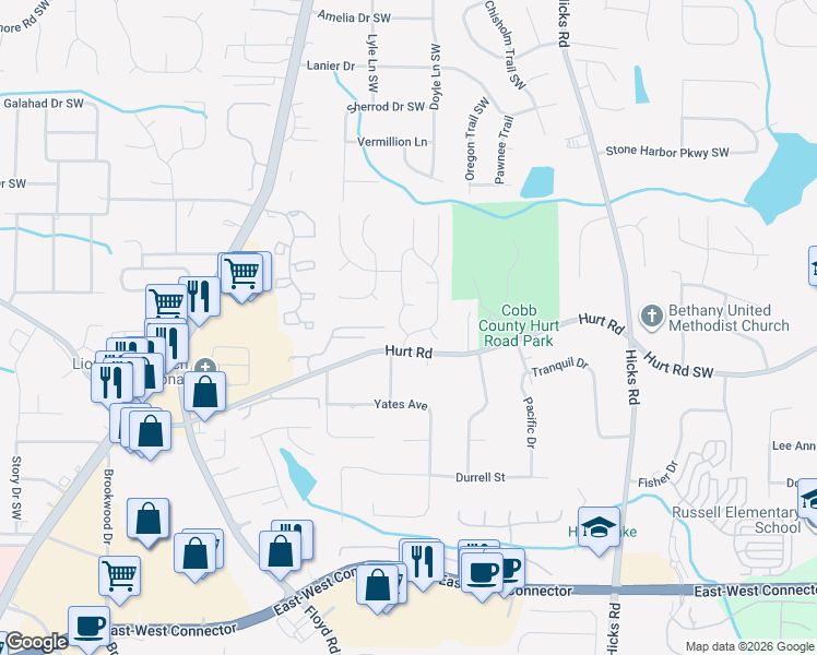 map of restaurants, bars, coffee shops, grocery stores, and more near 3651 Nature Walk Trail SW in Marietta