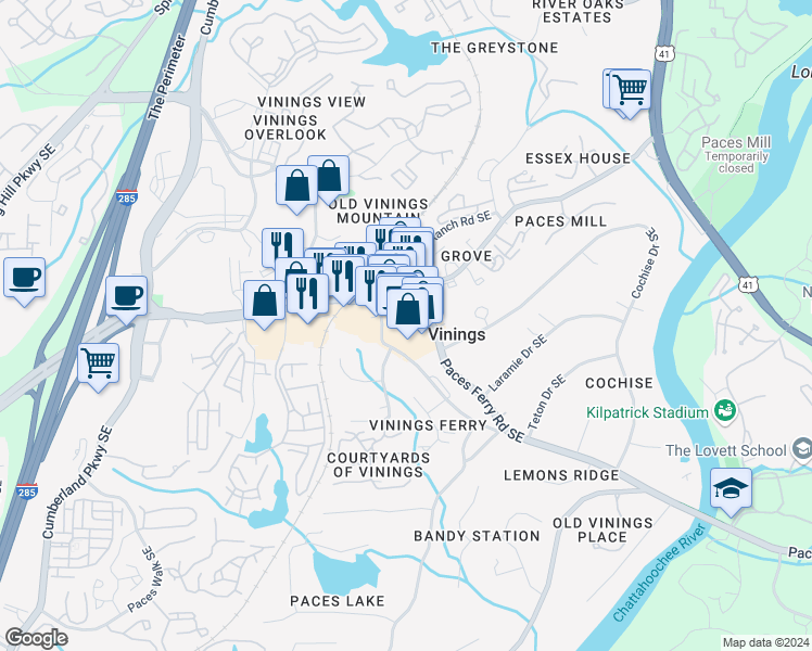 map of restaurants, bars, coffee shops, grocery stores, and more near 2800 Paces Ferry Road Southeast in Atlanta