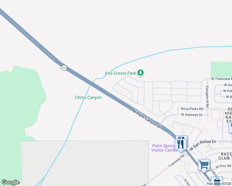 map of restaurants, bars, coffee shops, grocery stores, and more near 1311 Oro Ridge in Palm Springs