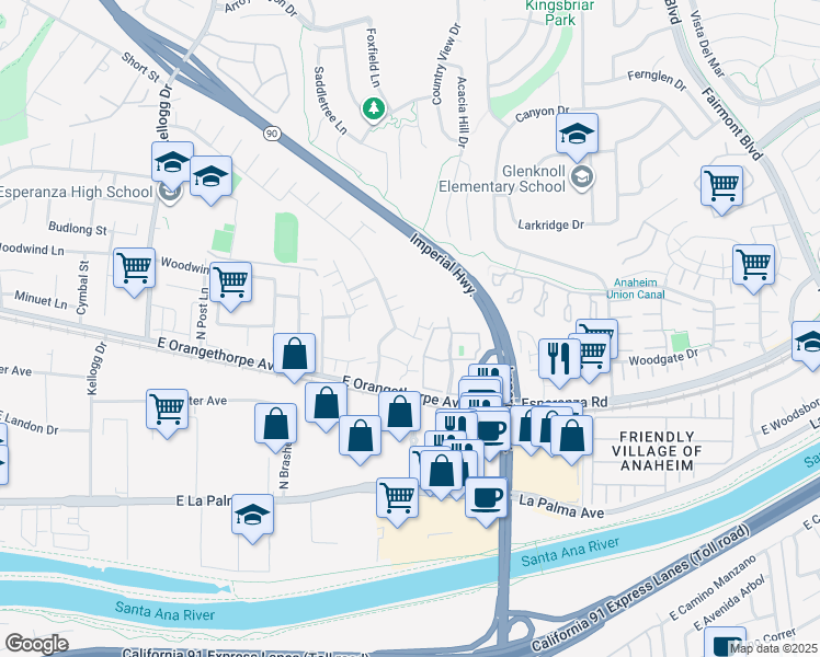 map of restaurants, bars, coffee shops, grocery stores, and more near 5466 East Willow Woods Lane in Anaheim