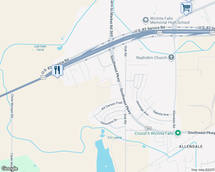 map of restaurants, bars, coffee shops, grocery stores, and more near 6731 Southwest Parkway in Wichita Falls