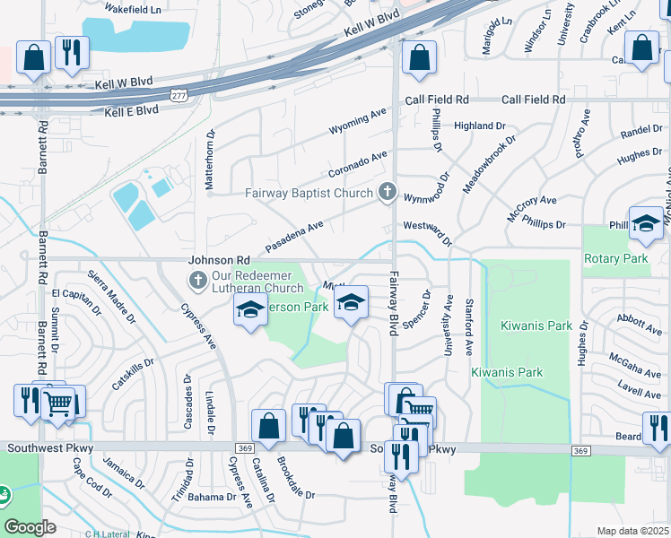map of restaurants, bars, coffee shops, grocery stores, and more near 4621 Johnson Road in Wichita Falls