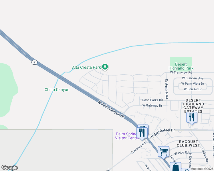 map of restaurants, bars, coffee shops, grocery stores, and more near 4049 Vista Dunes in Palm Springs
