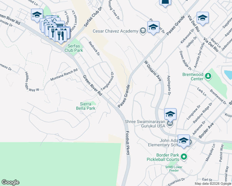 map of restaurants, bars, coffee shops, grocery stores, and more near 1573 San Rafael Drive South in Corona