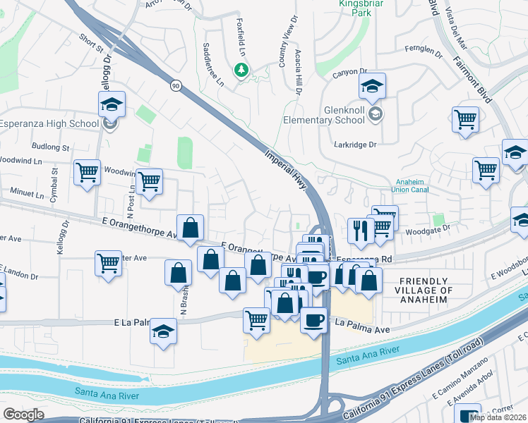 map of restaurants, bars, coffee shops, grocery stores, and more near 5498 East Willow Woods Lane in Anaheim