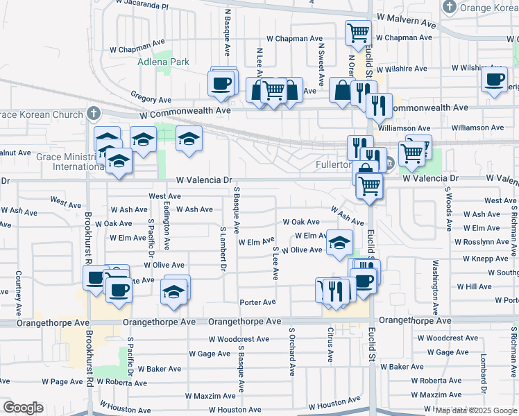 map of restaurants, bars, coffee shops, grocery stores, and more near 1348 West Avenue in Fullerton