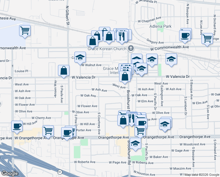 map of restaurants, bars, coffee shops, grocery stores, and more near 1860 West Avenue in Fullerton