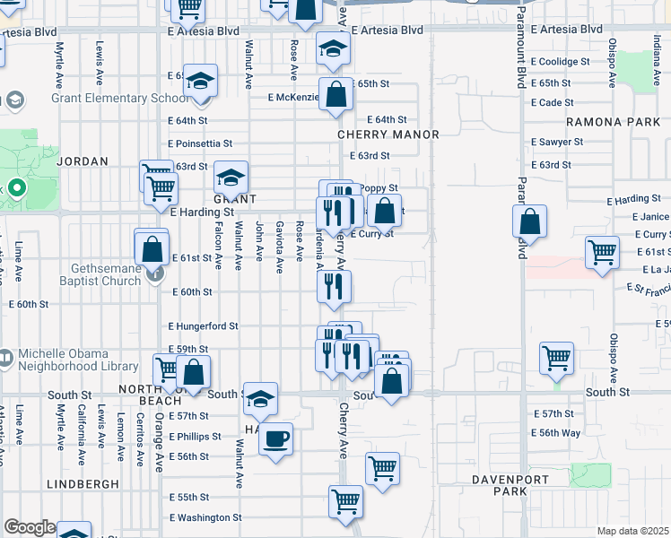 map of restaurants, bars, coffee shops, grocery stores, and more near in Long Beach