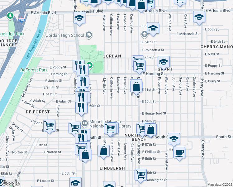 map of restaurants, bars, coffee shops, grocery stores, and more near 6095 Lewis Avenue in Long Beach