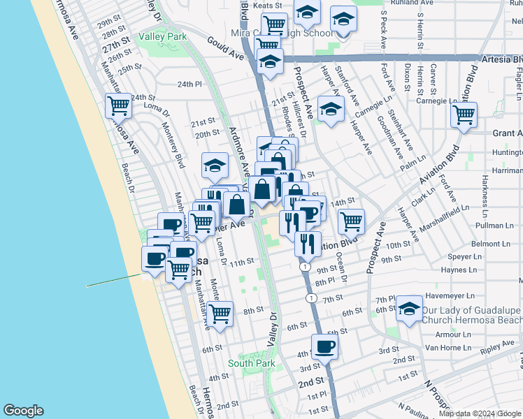 map of restaurants, bars, coffee shops, grocery stores, and more near 711 Pier Avenue in Hermosa Beach