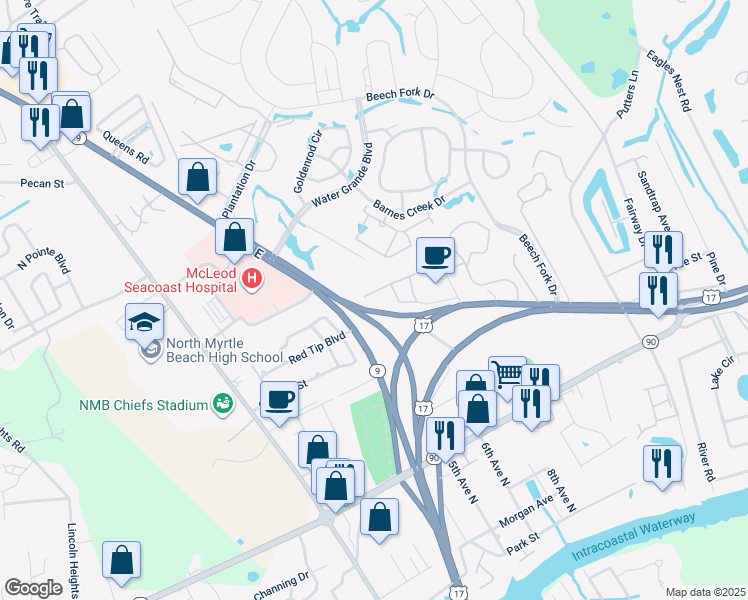 map of restaurants, bars, coffee shops, grocery stores, and more near 4251 Villas Drive in Little River