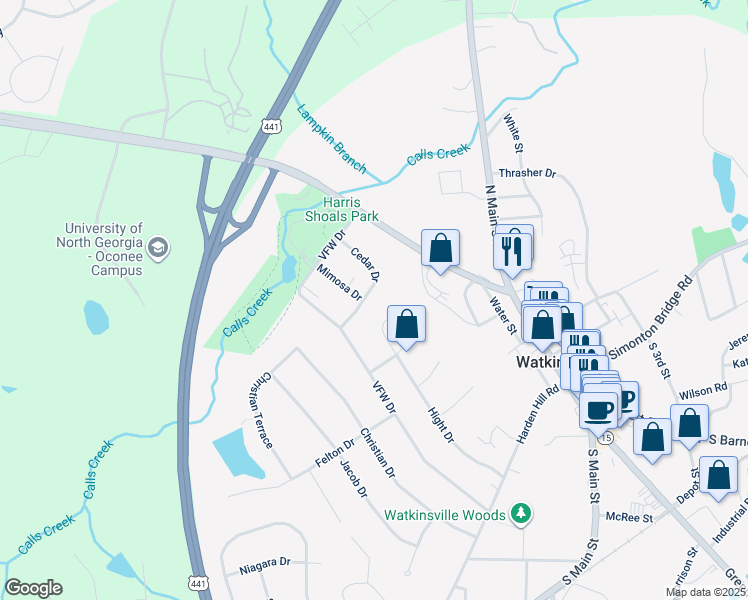 map of restaurants, bars, coffee shops, grocery stores, and more near 78 Cedar Drive in Watkinsville