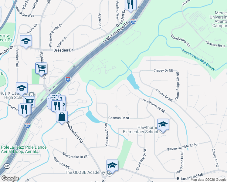 map of restaurants, bars, coffee shops, grocery stores, and more near 2665 Hawthorne Cove Northeast in Atlanta