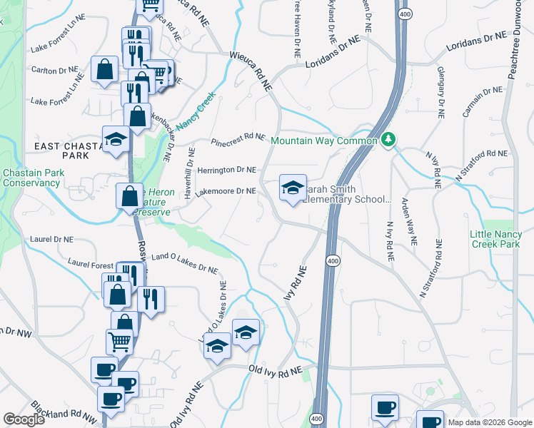 map of restaurants, bars, coffee shops, grocery stores, and more near 4036 Stephens Mill Run Northeast in Atlanta