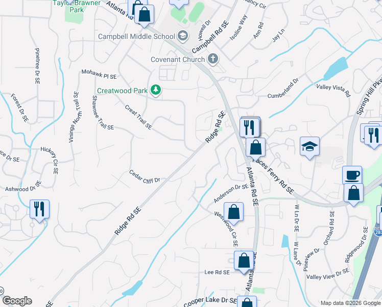 map of restaurants, bars, coffee shops, grocery stores, and more near 3600 Ridge Road Southeast in Smyrna