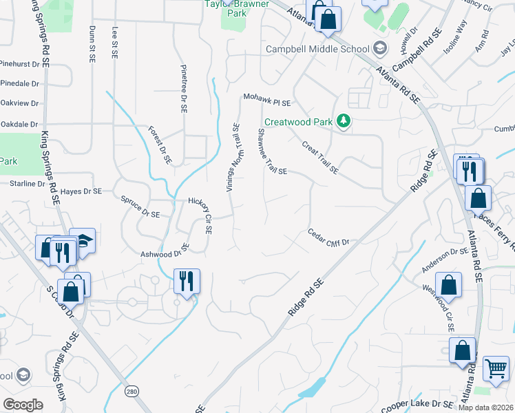 map of restaurants, bars, coffee shops, grocery stores, and more near 3516 Cedar Valley Drive in Smyrna