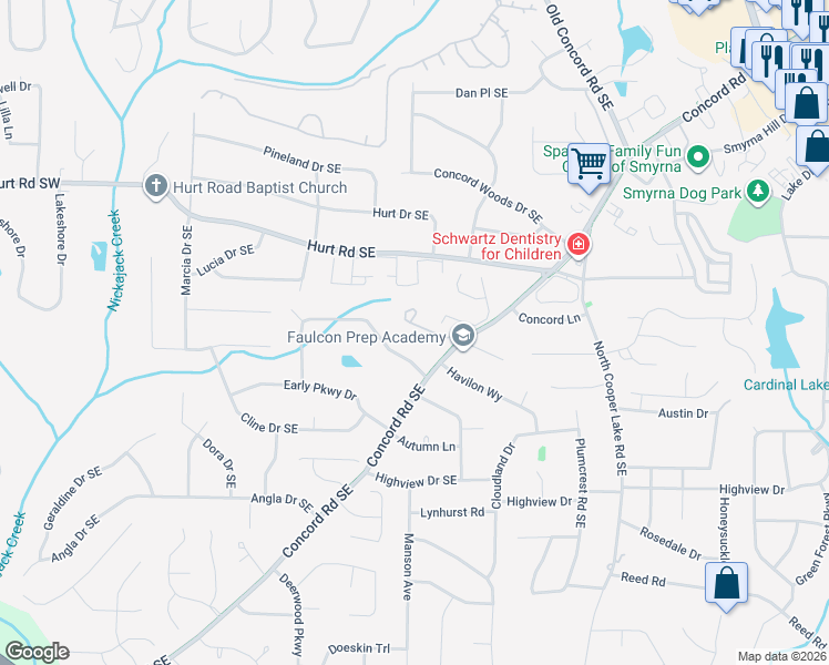 map of restaurants, bars, coffee shops, grocery stores, and more near 1616 Concord Meadows Drive Southeast in Smyrna