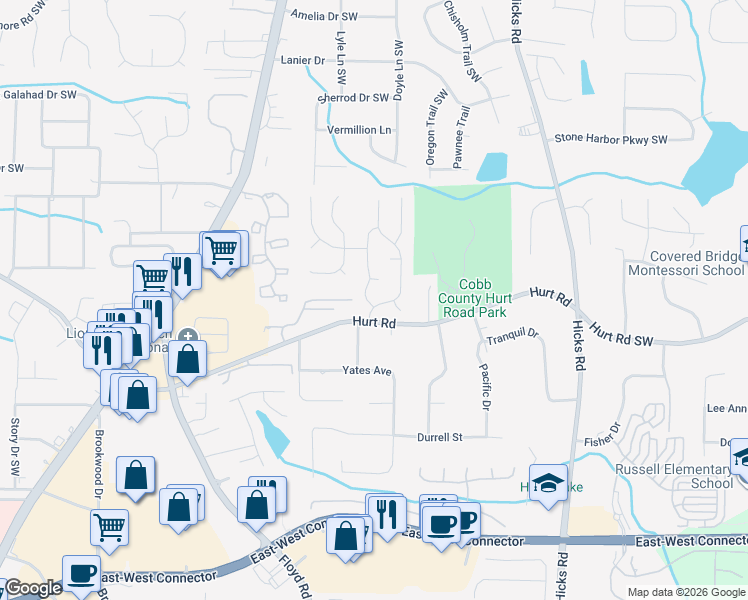 map of restaurants, bars, coffee shops, grocery stores, and more near 3651 Nature Walk Trail Southwest in Marietta