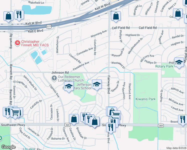 map of restaurants, bars, coffee shops, grocery stores, and more near 4621 Johnson Road in Wichita Falls