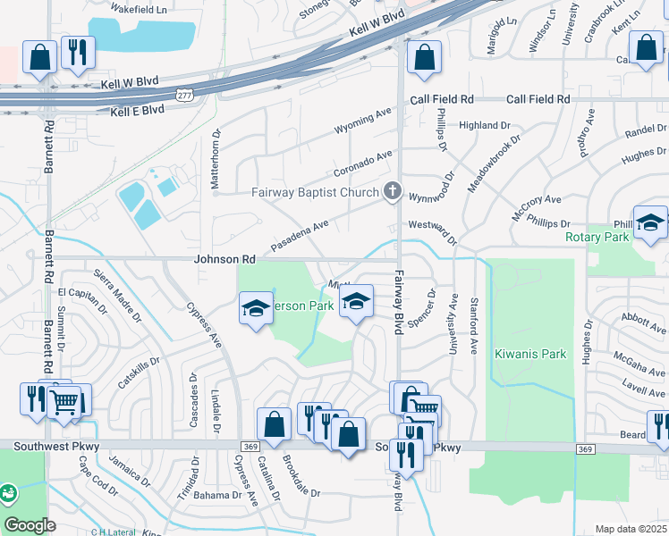 map of restaurants, bars, coffee shops, grocery stores, and more near 4621 Johnson Road in Wichita Falls