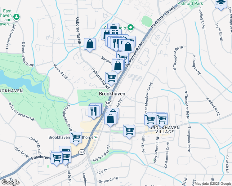 map of restaurants, bars, coffee shops, grocery stores, and more near 2690 Apple Valley Road Northeast in Brookhaven
