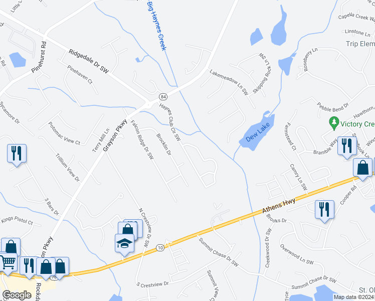 map of restaurants, bars, coffee shops, grocery stores, and more near 2680 Haynes Club Circle Southwest in Grayson
